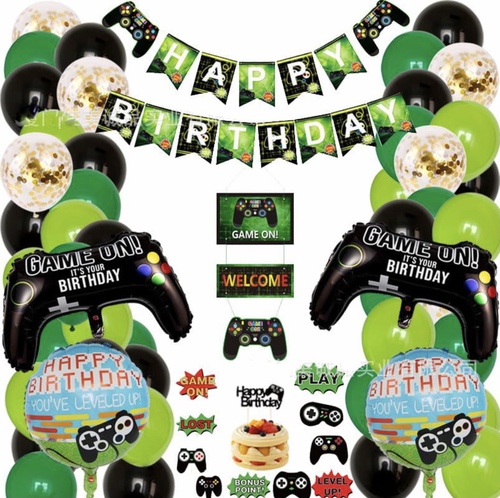 video game birthday theme - The package includes:
1 birthday paper flag: game theme 16*20cm 1 door card tag2 gamepad balloons11 game cake flags30 12-inch latex balloons6 12-inch gold sequined balloons5 golden spirals2 18-inch aluminum foil balloons