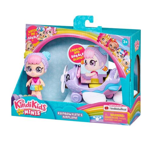 Kindi Kids Minis Rainbow Kate's Airplane & Bobble Head Figurine - Take to the skies with the Kindi Kids Minis Rainbow Kate’s Airplane - Collectable Vehicle and Posable Bobble-Head Figurine. Kate is much smaller than your average Kindi Kid and even cuter for it! Push Kate along in her lovely lilac aeroplane with a kitty face, and her head will bobble along.  Kate’s aeroplane is 10cm long and the perfect size for little Kate to snuggle inside.  This Aeroplane set comes with:1x Aeroplane 1x Kindi Kids MiniFor ages 3 years and over.