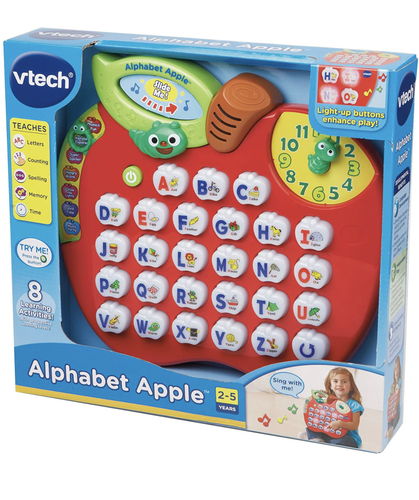 ALPHABET APPLES - Learn letters, telling time and so much more with the VTech® Alphabet Apple™! This interactive learning apple with a light-up tallking worm friend encourages independent play and guides your child through 8 learning activities that introduce letters, counting, memory training and more. Featuring a clock with movable arms that teach basic time telling skills, fun letter-specific graphics on each of the 26 light-up letter buttons, and a Music Mode with 29 songs and melodies to explore. The educational toy also includes an interactive learning board with easy carrying handle for portability, as well as helpful hints and unique reward sequences for engaging play time fun.