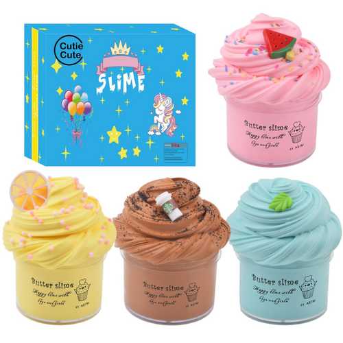 Cutiecute Slime - This butter fluffy slime is relatively mess free Soft and Non-sticky.
 Safe and Non Toxic. 4 pack 100ml* 4 Recommended for children ages 3+. 4 random colors surprise