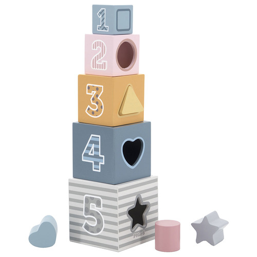 Polarb - Nesting & Stacking Blocks - ncludes 5 stacking cubes to create a tall tower or nest together for easy storage. Comes with 4 geometric blocks made of solid wood, match the holes on one side of the cubes for shape sorting.