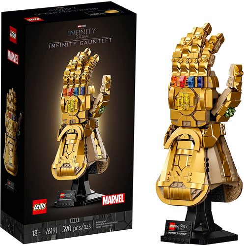 LEGO - Infinity Gauntlet - The stunning, build-and-display LEGO Marvel Infinity Gauntlet (76191) captures forever the captivating style of Marvel Studios’ Avengers: Infinity War and Avengers: Endgame movies This authentic, golden LEGO brick recreation of the iconic Infinity Gauntlet includes colorful Infinity Stones and a sturdy stand featuring a descriptive tablet This 590-piece model gives adult Marvel fans the opportunity to immerse themselves in creative construction and recreate one of comic-book culture’s most recognizable, and most devastating, weapons This stand-out, build-and-display piece makes a great birthday gift, holiday present or personal treat for any model-making enthusiast or adult fan of the Marvel Universe Measuring over 12.5 in. (31 cm) high, 5 in. (13 cm) wide and 4 in. (11 cm) deep, this fascinating model provides an attractive conversation piece, whether displayed in your home or workplace