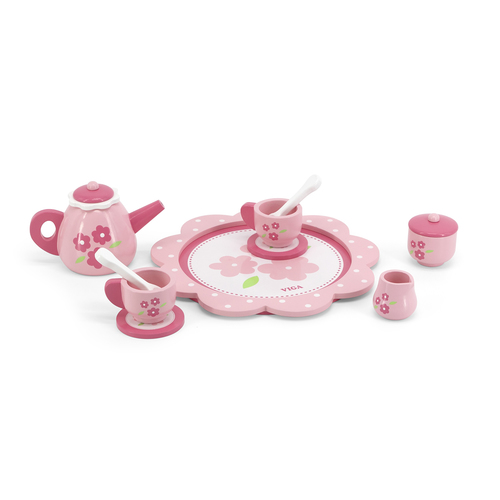 Wooden Tea Set Pink - Invite your friend over for an afternoon tea party! This pretty pink wooden tea set will create a buzz with your friends. Features a tray, sugar bowl with lid, milk jug, two cups, saucers and teaspoons. Encourages creative and imaginative role-play. Size: 250 x 250 x 14mm. Age 18+ months.