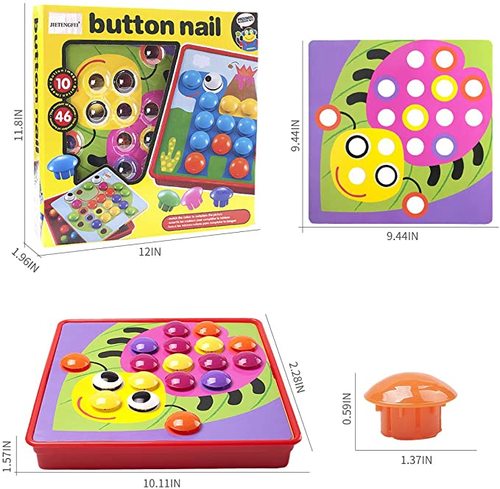 Button nail Toy - 10 pictures & 46 buttons - The creative game is designed for preschoolers.  The button nail toy helps to develop hand-eye coordination, fine motor skills and creative thinking.
 The game includes: 46 round plastic pieces;
  10 thick cartons with various models (images);
  a plastic tray for storing parts.

 Dimensions 30 x 30 x 5 cm
 Recommended age 3+ years