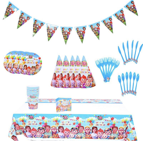 Cocomelon birthday  set - 84 pcs - 6 figures - 6 hats - 1 flag - 1 table cover  - 10 cups - 10 plates - 20 napkins  - 10 spoons, forks, & knifes