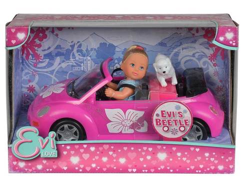 EVI LOVE BEETLE PLAYSET - Go for a drive by the harbour side in Evi Beetle. Evi is Steffi Love cute little sister and is lucky enough to have her own bright pink car. This 12cm mini doll is just the right size to play along with Steffi dolls. Her fluffy white dog is along for the ride as well, so you’ll have plenty of company. Time to hit the road! An ideal gift for Steffi Love fans aged three years and up.