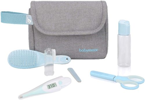 BabyMoov - Compact Baby Grooming Set - Compact, ideal for travelling Six accessories (brush for baby, nail file, pair of scissors, thermometer, toothbrush and plastic container) Large folding pocket Elasticated internal and external pockets Handle for carrying or hanging up