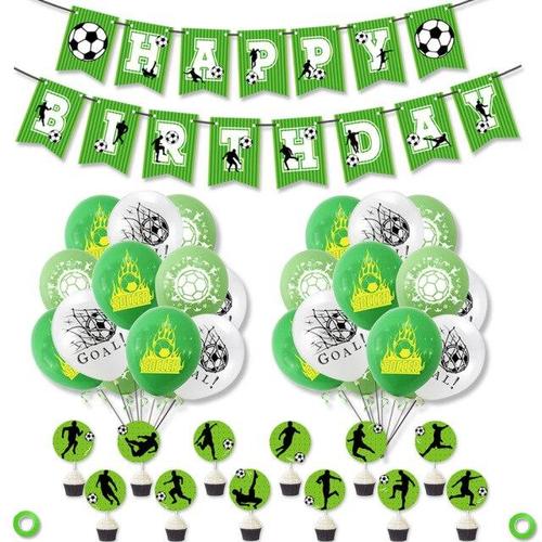 Toy Factory - Birthday Party Football Theme - Balloon size: 12 inches

Flag size: 20cm*14cm, cake fork 5cm*5cm
Set list:
20 (white balloons  8 + light green balloons 6 + green balloons 6) + flag pull + 12 cake flags