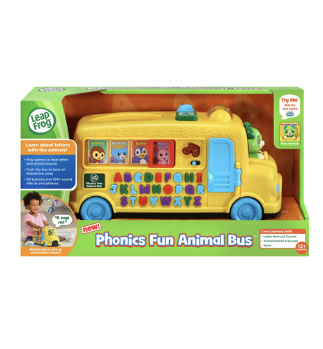 Leapfrog PHONICS FUN ANIMAL BUS™ - Scout drives a bright yellow school bus featuring 26 colorful letter buttons that come alive with unique and silly personalities.
 Press a letter button in letter mode to hear its name and sound.
 Animal mode introduces an animal that begins with the letter selected, its letter sound and the sound the animal makes.
 In game mode, press letters to help characters hop off the bus.
 Listen to two fun interactive songs, “Little Puppy Had a Bus” and “Letters Get on the Bus” in music mode.