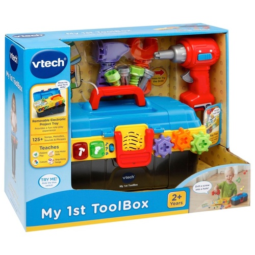 VTech - My First Tool Box - Fix and play with the Drill & Learn Toolbox™ by VTech! Open this toddler-friendly toolbox and get ready for role-play fun with the included electronic fix-it tray, working toy drill, hammer, wrench, nails and screws. Pressing the light-up buttons on the tray will trigger cheerful songs and introduce your little one to a variety of tools, how they’re used and the sounds they make. Kids will love turning the colorful gears to hear clicking sounds or using the working toy drill to make them spin. Insert the double-sided instruction cards and learn about colors and numbers while pretending to make repairs. Discover tons of fix-it fun with this learning toolbox!