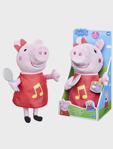 Peppa Pig Oink Along Songs - Peppa Pig loves to sing, and with the Oink-Along Songs Peppa plush doll, kids can sing along with her! Inspired by Entertainment One UK's acclaimed animated series, this 11-inch Peppa Pig doll is soft for cuddling, and comes with a microphone accessory for singing. Want to hear her songs? It's easy! Just press her tummy to hear her sing, speak, laugh (snort!), or oink! She sings 3 songs and says 3 phrases pre-schoolers might remember from her TV show. Kids ages 3 and up will love acting out scenes from the show or dreaming up their own musical adventures for this plush, lovable doll!

Durable and lightweight textile upper Requires 3 button-cell batteries (included) Suitable for children 3 years and above