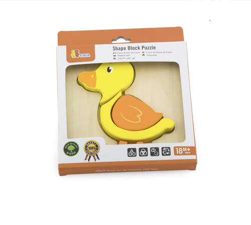 Viga - Shape Block Puzzle - Duck - Description:Looks simple but the brilliant colours and well sanded are just right for little ones.  Each puzzle contains 3-5 raised pieces perfect for little hands to manipulate.  A great introduction to colours, shapes and basic objects.