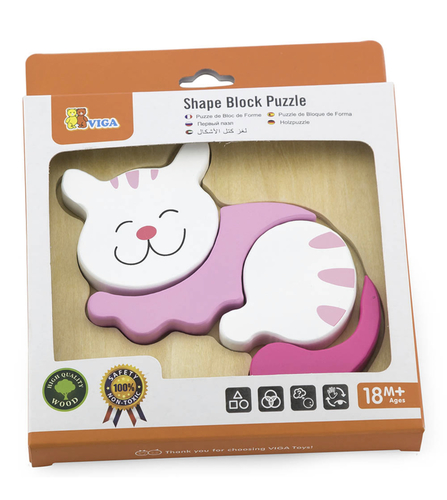 Viga - Shape Block Puzzle - Cat - Description: Simple with brilliant colours with well sanded edges and corners are just right for little ones.  Each puzzle contains 3-5 raised pieces, perfect for little hands to use.  It is a great introduction for colors, shapes, basic objects and it helps developing motor skills. Age: +18 months