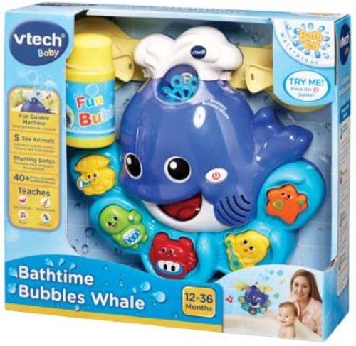 VTech Baby Bathtime Bubbles Whale - Features & details Cute bathtime whale friend baby toy that blows out bubbles
 Five buttons play melodies, voice, and activate the bubbles Features a switch for turning the bubbles on or off Fully waterproof and two suction cups for attachment to the wall Plays an assortment of jolly tunes, fun sounds, and sing-along songs 4 x AA batteries required