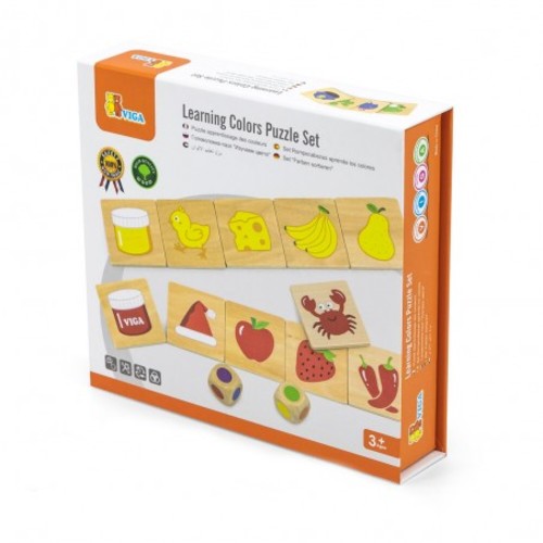 LEARNING COLOURS PUZZLE SET, VIGA - The Viga Toys Learning Colours Puzzle Set is exciting for children and perfect for improving colour recognition and understanding.  The set comes with 36 wooden tiles, with each colour having 6 blocks with different images.  A dice is also included, for creating fun games and activities.
 In addition, these games help them to improve their self-esteem and motivation, when they finish the game successfully. Kids will have hours of fun playing with this game. All paints are non-toxic and every Viga toy is safety tested to meet international standards.Recommended for children of 3 years +