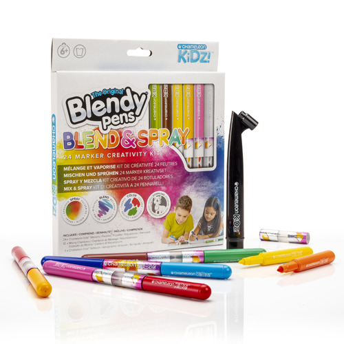 Chameleon Kidz™ Blend & Spray Marker Creativity Kit - What's Included:
Chameleon Kidz™ Blendy Pens
Mixing Chambers
Chameleon Kidz™ Airbrush
instruction bookletPlus, access to free downloads and learning resourcesPlay & LearnChameleon Kidz™ Blendy Pens are the perfect tool for teaching art to children in a fun and engaging way. Teach your children about mixing colours or let them create custom colour blends and incredible art with this amazing Chameleon Kidz™ Marker Creativity Kit.Extraordinary ArtsWith colour combinations, children can colour any way they want or simply use them like regular markers. Just connect two Chameleon Kidz™ Blendy Pens to the Fusion Chamber then twist to create custom colour blends and incredible art!Also included is the Chameleon Kidz™ Airbrush tool that turns every Chameleon Kidz™ Blendy Pen into a colour blending airbrush! Safe and Easy to UseChameleon Kidz™ Blendy Pens are non-toxic and conform to ASTM D4236.To blend colours, simply choose and connect two Chameleon Kidz™ Blendy Pens nib-to-nib to the specially designed fusion chamber, you can also choose more than two Chameleon Kidz™ Blendy Pens to make multiple colour rainbow blends. The pen on top fuses its colour with the pen on the bottom in 3 seconds! Disconnect the pens and you’re ready to start to colour, blend and spray! 100% WashableChameleon Kidz™ Markers contain non-permanent watercolour ink that is 100% washable, making them ideal for children.