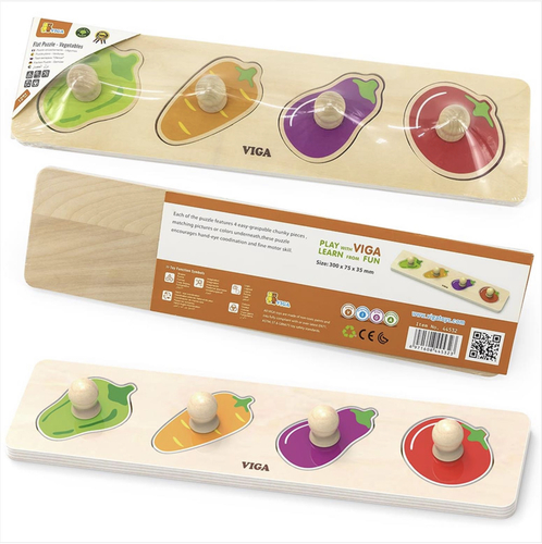 Flat Puzzle - Vegetables - The insert frame with handles for kids from 1 year old consists of 4 fragments that correspond to the images on a rectangular base. The child needs to pick up an insert on the form and color, to insert in place in a basis. The puzzle pieces have comfortable large handles. Material: wood. Quality wood and safe dyes are used for production. All edges and details are carefully sanded. The set meets safety and quality standards: European EN71, American ASTM, as well as all Viga Toys products. Development: thinking, imagination, color perception, attentiveness, memory, emotional well-being. The insert frame with handles is suitable for inclusive education, use in kindergartens and development centers.