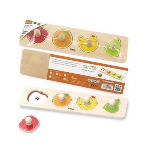 Viga Flat puzzle- Fruits - The insert frame with handles for kids from 1 year old consists of 4 fragments that correspond to the images on a rectangular base. The child needs to pick up an insert on the form and color, to insert in place in a basis. The puzzle pieces have comfortable large handles. Material: wood. Quality wood and safe dyes are used for production. All edges and details are carefully sanded. The set meets safety and quality standards: European EN71, American ASTM, as well as all Viga Toys products. Development: thinking, imagination, color perception, attentiveness, memory, emotional well-being. The insert frame with handles is suitable for inclusive education, use in kindergartens and development centers.