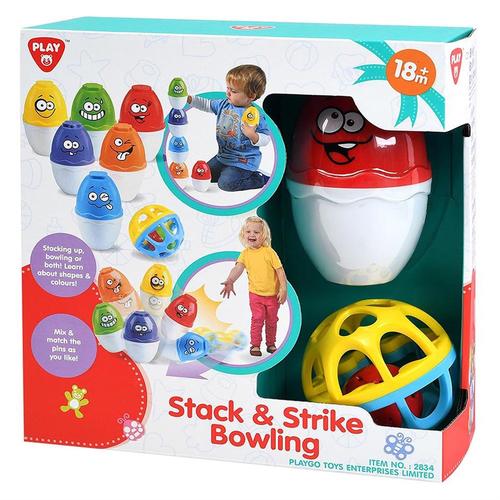 PLAY GO STACK & STRIKE BOWLING - You can play a game of bowling with your friends and girlfriends with this handy Stack & Strike bowling set. The set consists of colored cones and a ball. Put the cones down and throw as many cones as possible with the bowling ball!