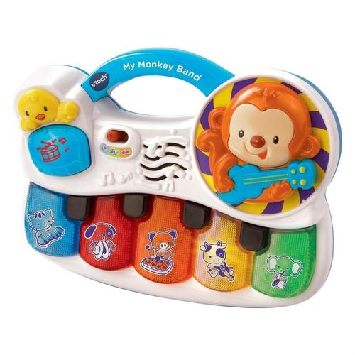 MY MONKEY BAND - Baby's own musical band! Baby can join Monkey and his animals friends on their musical journey. Introducing your little one to instruments such as the piano, the saxophone, the drums and the violin. Includes 5 light-up piano keys that when pressed teach animal names and their sounds and then the instrument that they are playing! Spin the Monkey to hear guitar sounds and listen to the 2 uplifting sing-along songs and 10 happy melodies. Baby will be learning more than just instruments with this band. With a carry handle baby can learn and make their very own music anywhere! Light-up piano keys teach animals and instruments.
Spin the monkey for guitar sounds and 2 sing-along songs and 10 melodies
With a carry handle baby can learn and make their very own music anywhere!