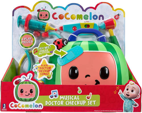 CoCoMelon Musical Doctor Checkup Set - Features Includes everything your child needs to imagine a day at the doctor's office Slide the thermometer from red to green and back again! Push down the plunger on the syringe This child's doctor playset plays 9 sounds and phrases! Your child can play out their dream of being a doctor with this awesome doctor playset! Medical Carry Case allows for easy clean up! Batteries required: 2 x 1.5V AA (included)