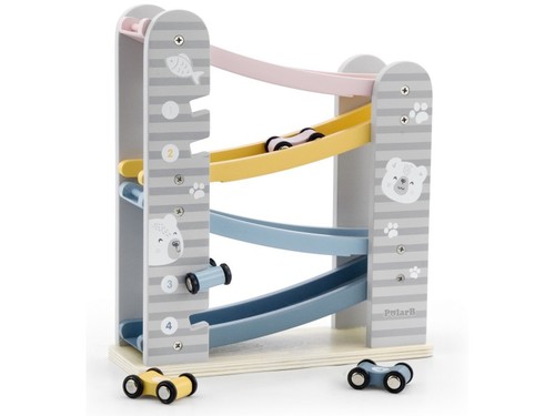 PolarB Car Race Slider - Children will love our wooden toy Car Race Slider as it's lots of fun. The slider features 4 colourful tracks in soft shades of yellow, pink, light blue and dark blue and 4 cars in the same colour scheme. Pop a car on the top track and watch it race down the track, flip over, land on the track below and keep going. The colourful Wooden Car Race Slider is similar to a marble run, only with cars. 
 The cars are numbered 1 to 4 on the top and bottom and when not in use can be stored in the numbered slots at the side of the slider to match the corresponding number. Size: W:23.3cm x H:26cm x D:8.4cm 
 Age: 18 Months +