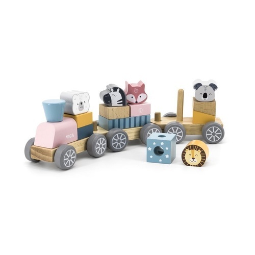 PolarB Stacking Train - The stacking train includes 3 carriages and 15 blocks in 11 colors and 11 shapes, durably constructed of solid wood.