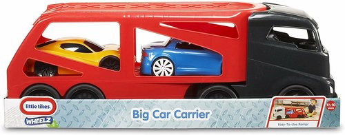 Little Tikes Big Car Carrier - Little kids are fascinated by big trucks, and the Little Tikes Big Car Carrier Playset provides them with a play-size replica of one of the biggest on the road. This plastic car carrier comes with two toy cars that can be loaded into the back of the truck with a flip-down ramp. Each piece is made from soft-edged plastic for a combination of durability and child-safety. Dimensions: 7.5W x 28.5D x 10H in.. Car carrier for moving up to 3 racecars. 2 racecars are included. Sturdy plastic construction. Trailer unhitches from the cab for more options. FEATURES: Haul around the 2 sporty cars in this Big Car Carrier truck Trailer detaches from the truck Easy-to-use ramp flips down to load sports cars Trailer top fits one sports car Great for indoors or outdoors SKILLS Helps to develop their motor skill and hand-eye coordination. Dexterity in both their hands as kids pick up, carry, throw, push and pull small toy cars around This activity works on creativity as a child has to create different looks of the toy.