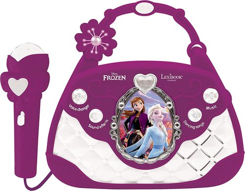 Toy Factory - Disney Frozen Karaoke Bag with Microphone - A musical handbag with many functions to sing anywhere! Mic included, voice changer function to sing with a baby or with a male voice! Lovely demo songs and light effects. Secret storage compartment at the back to pack things or the microphone. 3.5mm aux-in input.  Power supply: 3 x AA/LR6 1,5V type batteries (not included)