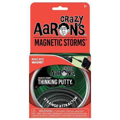 Strange Attractor Thinking Putty® - Crazy Aaron - Strange Attractor Thinking Putty® has a mind of its own as well. A deep, mysterious black with subtle green sparkles, it comes alive when charged with the included magnet. Strange attractor is the name of a mathematical equation that is commonly part of chaos theory. This equation creates a fractal—a never ending, non-repeating pattern within a dynamic system. Basically, a strange attractor has a mind of its own and creates beautiful patterns in design, art, and nature. Thinking Putty® helps build hand and finger strength through a fabulous tactile play experience with unique, unexpected properties and provides relaxing, yet stimulating interaction for anyone with sensory integration issues. Crazy Aaron's putty is non-toxic, won't dry out, and won't leave a sticky or slippery residue on your fingers, so it's great for stretching, molding, bouncing, tearing, popping and playing by kids and adults alike.Collection: Magnetic Includes tin with 1/5 lb. (3.2 oz.) of putty and one inch ceramic magnet Color: Dark gray Features: Metallic, Stretchable, Sculptable, Soft Texture Materials: Non-toxic silicone Ages: 8+ ⚠️ Warning: Choking Hazard. Contains Small Parts ⚠️ Warning: Contains strong magnet. Swallowed magnets can stick together across intestines causing serious infections and death. Seek immediate medical attention if magnet(s) are swallowed or inhaled. Never dries out  made in the USA Manufactured with the help of exceptional individuals with disabilities