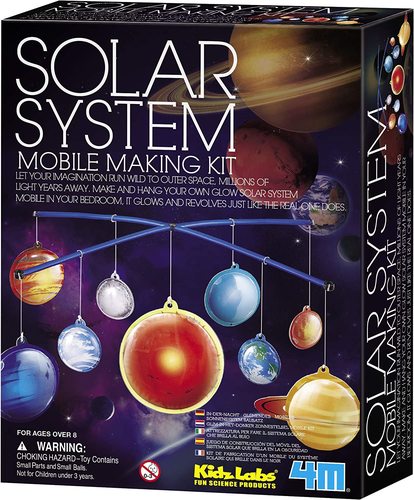 KIDZ LAB GLOW SOLAR SYSTEM MOBILE - Construct a 16.5 inch x 16.5 inch glow-in-the-dark solar mobile for an out-of-this-world bedroom.   
 Included in the kit are: planets, stencils, squeeze-glow paint pen, 
rods, string, a fact-filled wall chart, and 10 sets of Kidz Quiz 
questions.    Made using safe and high quality materials, this kit is built to last.    Detailed instructions are included making construction fast and easy.    This Solar System kit is recommended for ages 8 and over.    Challenge your child's imagination with 4M toys and kits.              
 4M educational toys cover a wide range of educational subjects and 
include science kits, arts and crafts kits, robotics kits, and more.