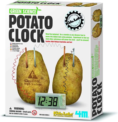 POTATO CLOCK from 4M KIDZ LABS GREEN SCIENCE - The Potato Clock uses a pair of ordinary spuds to power a digital clock.    This kit includes a digital clock, wires and prongs; two potatoes are all that's needed to create a working clock.    This kit is ideal for young science enthusiasts, and offers a valuable lesson on the transformative power of green science.    Detailed assembly instructions included.    No batteries required.    Challenge your child's imagination with 4M toys and kits.              
 4M educational toys cover a wide range of educational subjects and 
include science kits, arts and crafts kits, robotics kits, and more.