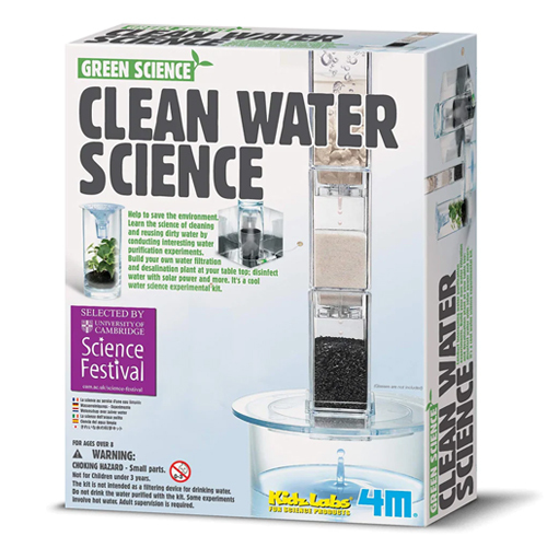 CLEAN WATER SCIENCE - 4M KIDZ LABS GREEN SCIENCE - The 4M Clean Water Science Kit teaches young 
minds about the science of water purification and recycling. This kit 
contains all the components necessary to perform three different 
experiments: solar water purification, water desalinization, and a 
carbon filtration system.Perfect for young science enthusiasts, these 
experiments expand your child's knowledge in chemistry and the 
environment. Detailed instructions for each experiments and fun science 
facts are included. 


Learn the value of water conservation and recycling
Create a carbon filtration system, a solar water purification unit, and a water desalinization system
Detailed instructions included
Recommended for ages 8 and up.