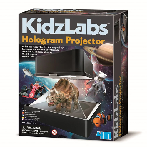 4M KIDZ LABS HOLOGRAM PROJECTOR - The 4M hologram projector contains everything needed to bring the 3D 
holograms to life, including two AAA batteries and 8 different designs 
that can come to life, including a dinosaur and a race car.