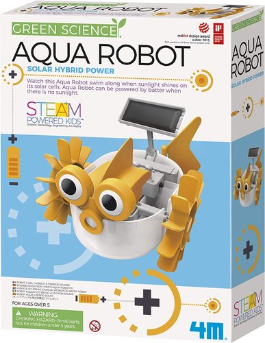 HYBRID SOLAR POWER AQUA ROBOT - GREEN SCIENSE - A robot fish that floats and paddles on the water's surface with 
the power of the sun or a regular battery.  Learn about green science and
 solar hybrid power. Another great STEAM powered kids science kit from 
4M.  Includes robot parts, solar panel and detailed instructions.  
Requires 1 AAA battery (not included).  Recommended for age 5 years and 
up.