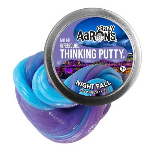 CRAZY AARON'S MINI NIGHTFALL 2 INCH THINKING PUTTY - As the sky turns toward dusk, purple flashes one more bolt of blue
 before night. Night Fall Thinking Putty changes from violet to blue 
with just the heat of your hands.
As part of the Hypercolor® Collection this color changing Thinking 
Putty® is heat sensitive, meaning it starts one color and changes to 
another through heat transfer. The more you play the more the color will
 change!
Thinking Putty® helps build hand and finger strength through a 
fabulous tactile play experience with unique, unexpected properties and 
provides relaxing, yet stimulating interaction for anyone with sensory 
integration issues.
Crazy Aaron's putty is non-toxic, won't dry out, and won't leave a 
sticky or slippery residue on your fingers, so it's great for 
stretching, molding, bouncing, tearing, popping and playing by kids and 
adults alike.

Collection: Hypercolor®
Includes tin with 1/34 lb. (0.47 oz) of putty
Color: Purple that changes to blue
Features: Color Changing, Stretchable, Sculptable, Soft Texture
Materials: Non-toxic silicone
Ages: 3+
⚠️ Warning: Choking Hazard. Contains Small Parts
Never dries out
Proudly made in the USA
Manufactured with the help of exceptional individuals with disabilities