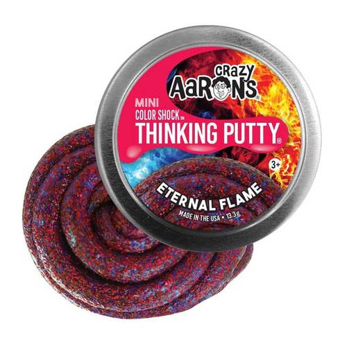 CRAZY AARONS MIN ETERNAL FLAME 2 INCH THINKING PUTTY - Incorporating color shock technology, Eternal Flame burns bright. It 
smolders with fiery red glitter and reveals a blazing blue flash when 
stretched. Thinking Putty® helps build hand and finger strength through a 
fabulous tactile play experience with unique, unexpected properties and 
provides relaxing, yet stimulating interaction for anyone with sensory 
integration issues. Crazy Aaron's putty is non-toxic, won't dry out, and won't leave a 
sticky or slippery residue on your fingers, so it's great for 
stretching, molding, bouncing, tearing, popping and playing by kids and 
adults alike. 



Collection: Color Shock | MINI
Includes tin with 1/34 lb. (0.47 oz) of putty
Color: Red glitter, shimmers blue
Features: Sparkle, Stretchable, Sculptable, Soft Texture
Materials: Non-toxic silicone
Ages: 3+
⚠️ Warning: Choking Hazard. Contains Small Parts
Never dries out
Proudly made in the USA
Manufactured with the help of exceptional individuals with disabilities