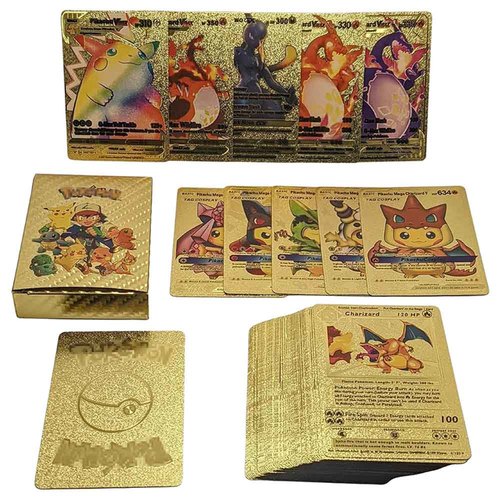 Pokemon - Golden Trading Cards Gold Foil Set - Package Content - Expand your collection, build a new deck, or get back into the game and reinvigorate your collection with our premium set of golden Pokemon cards. Best Foil Artwork - This card set is made of an extremely sleek and high-quality gold foil material. Laser engraved designs. This is a rare artwork! Good Design - The card corners are designed with rounded arcs, which won't scratch your children.