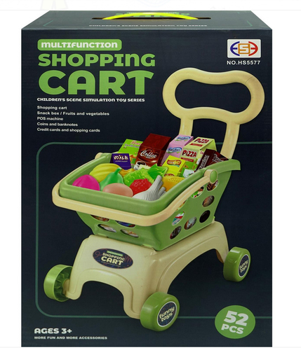 Shopping Cart Play Set - The cart currently contains 52 items. Shopping cart, snack box, fruits and vegetables, POS machine, and coins or banknotes are all included in this cart.


It comes in green. 
It's sure to add creativity to her role-playing skills and more imaginative fun to role-play with friends.

This trolley has medium sized wheels that make it portable.

The bottom of the cart can also be transferred to a seat.