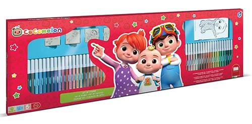 COCOMELON 60 FELT-TIP  PENS - includes:60 washable felt-tip pens 30 stickers 1 notebook 4 wooden backed rubber stamps 1 inked and washable pad