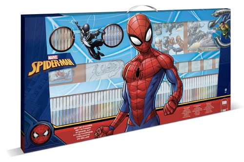 Toy Factory - SPIDERMAN MEGA MAXI  SETS - Includes: 60 washable felt-tip pens 30 stickers 20 coloring drawings 6 wooden backed rubber stamps 1 inked and washable pad 10 wax crayons 10 coloured crayons 1 big notebook