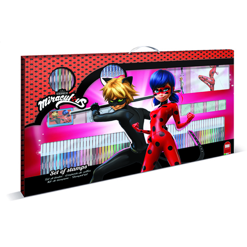 MIRACULOUS MEGA MAXI  SETS - Includes: 60 washable felt-tip pens 30 stickers 20 coloring drawings 6 wooden backed rubber stamps 1 inked and washable pad 10 wax crayons 10 coloured crayons 1 big notebook