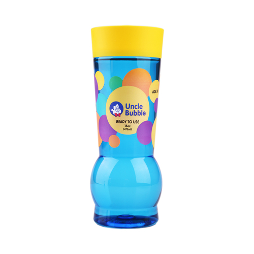 UNCLE BUBBLE REFILL  BUBBLE SOLUTION - 472 ml - Description:BUBBLE SOLUTION REFILL NON TOXIC: Uncle Bubble's products achieved the strict standards of the USA.    EXCELLENT EXTENSIBILITY: Uncle Bubble use the special bubble formula with perfect extensibility.    PROFESSIONAL BUBBLE WATER REFILL: Can be used for professional bubble show, bubble tricks, kids in the bubble.    SPECIAL FOR GIGANTIC BUBBLES: It can easily make a giant, stronger, and colorful bubbles.    WORLD RECORD BUBBLE SOLUTION: Lots of people achieved World Records using this Yellow-cap solution. SIZE: 16 oz (472 ml)