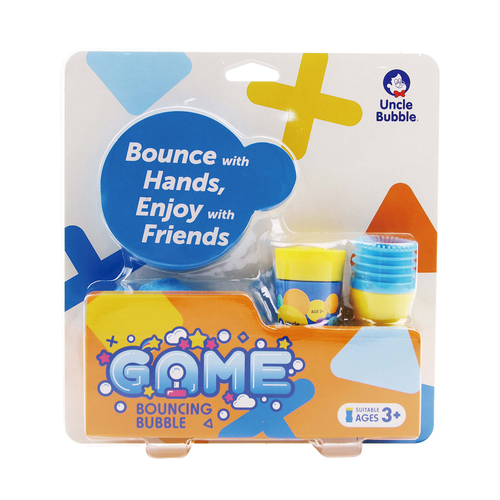 GAME BOUNCING  BUBBLE - UNCLE BUBBLE - Description: Join the latest toy craze! Uncle Bubble Ultra Bouncing Bubbles come in a
 kit with everything you need to amaze your family and friends. Make a 
softball sized bubble and use the gloves included to bounce the bubble. 
Pass them to a friend, juggle them and spin them in the air. See who can
 bounce their bubble the longest! The Ultra Bouncing Bubble 
solution is more durable than your typical bubble solution, allowing you
 to use the included gloves to bounce them back and forth with a friend 
or break your own record for number of bounces. This toy set is in the 
Guinness World Record book. Each unit is a family kit that 
includes two sized gloves, a bubble maker tube, special bouncing 
solution and a pan to pour the solution in.