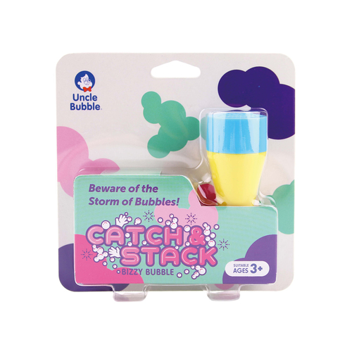 CATCH & STACK BIZZY  BUBBLE - UNCLE BUBBLE - Description: Make a magical cloud of micro bubbles that float in the air! Wait a
 few seconds and collect as many falling Bizzy Bubblz as you can.  Each 
bubble kit comes with one Bizzy Bubblz micro bubble maker tube and one 
squeezable bottle of Bizzy Bubblz liquid 22 ml.