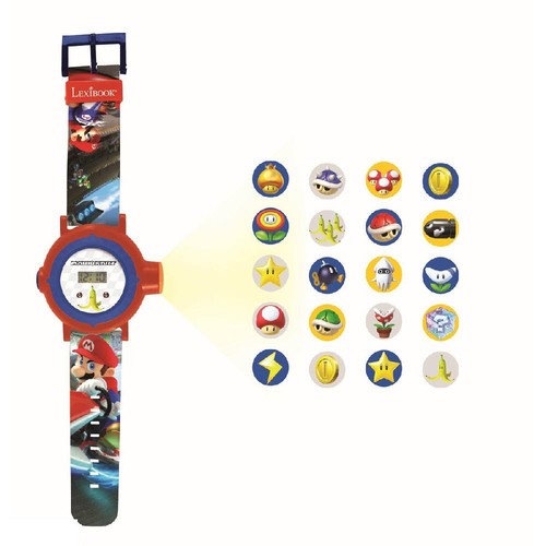 Lexibook Mario Kart Adjustable projection watch - 20 Mario Kart images to project wherever you wantCommunicate with your friends by sending coded messages with your projectionsAdjustable bracelet to fit to small wristsMovable ring to project imagesDisplay of date & timePower Supply: 5 x AG3/LR41 batteries (included)