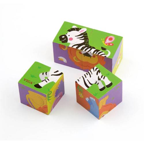 Viga 6 Side Cube Puzzle Wild (4 Pcs) - The beautifully illustrated wooden puzzle offers children a vibrant and attractive toy. The wooden cubes in the puzzle are also great for stacking, building and counting! There are a total of 4 puzzle pieces that can be assembled into 6 different colourful images of cute wild animals including: elephant, lion, zebra, tiger, hippo, bear. Each piece is small enough for a toddler to grasp and use. A durable, high quality toy that will help develop your childs logical thinking and motor skills.