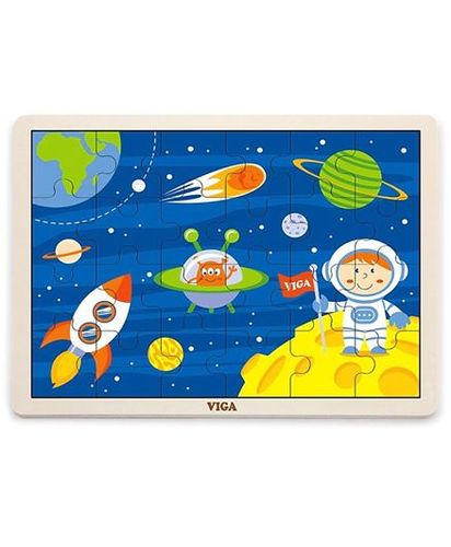 Viga -24 Pcs Puzzle - Space Travel - White Classic flat 24-piece puzzle feature bright images brimming with details to discover and describe. In a convenient tray with an image under the pieces to make puzzling easier. For an added challenge more experienced children can play without the tray. All beautifully painted wood. 
 Key Features:Excellent for encouraging creativity and imaginative play Educational and fun Made of non-toxic paints and inks
 Specifications: Brand - Viga Type - Puzzle Age - 24 Months+ Material - Wooden