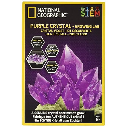 NATIONAL GEOGRAPHIC Purple Crystal Growing Lab - DAZZLING CRYSTALS - The perfect family activity. Become a scientist and grow amazing purple crystals with this classic science kit! INTERACTIVE LEARNING - There’s no better way for your child to explore the wonders of science then through a hands-on science project EXPLORE CHEMISTRY - National Geographic’s premium learning guide will teach kids the fascinating science behind this experiment REAL AMETHYST CRYSTAL - Includes a real amethyst crystal for your rock collection. Compare the amethyst to the purple crystals you grow with this kit RESPECTED QUALITY - Providing children with the best educational toys, this kit comes with National Geographic’s 100% satisfaction guarantee