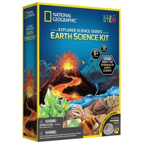 National Geographic Epic Science Series - Earth Science Kit - Highlights  Build a model volcano, paint it, then make it erupt over and over again!
  Everything you need to grow a crystal in as little as 3 days, resulting in a specimen kids can treasure.
  Dive into geology with a pyrite dig brick along with 8 additional rock and mineral specimens. Then create a whirling water tornado with the included tornado tube!
  Easy-to-follow instructions are included, as is a full-color learning guide with science facts and insight into all the activities in the kit.
DescriptionThe National Geographic Explorer Science Series Earth Science Kit has everything a young scientist needs to conduct more than 5 Earth science experiments! Kids can start by creating their very own erupting volcano, then watching as the eruption powder reacts with water for an incredible eruption! There are multiple eruption variations to try in the clear, easy-to-follow instructions as well, for even more fun!After that, kids can set up a crystal-growing station. We provide a crystal-growing solution that grows into a fully formed crystal in as little as 3 days!They can continue to explore geology with a fascinating dig brick packed with pyrite. Kids will also learn about the additional rock and mineral specimens in the kit as they start their rock collection. These specimens include snowflake obsidian, tiger's eye, green fluorite, pumice, desert rose, blue calcite, a geode, and an agate. You also get a handy storage case for all your specimens.And finally, there is a tornado tube in this set, allowing your child to create an incredible water vortex!